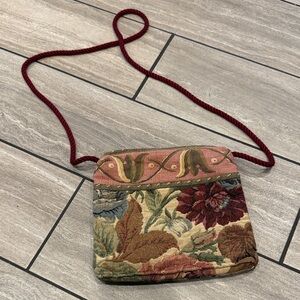 Vintage Floral Crossbody Bag with Red Strap
